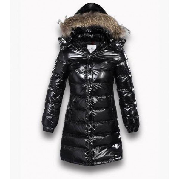 Moncler Long nero Mock colletto e protezione della pelliccia Cappotti uscita